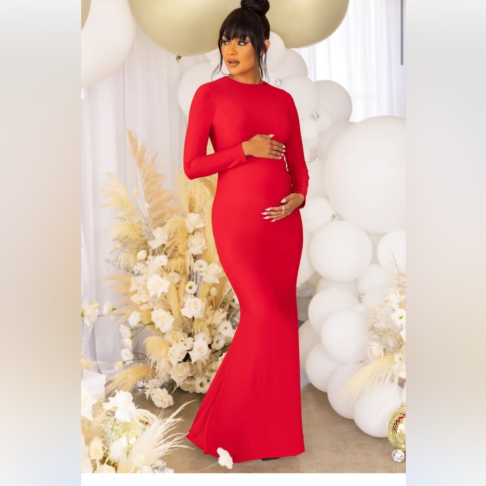 RED MATERNITY LONG SLEEVE MAXI DRESS